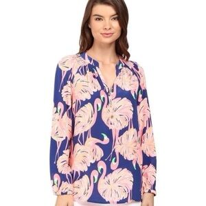 Lilly Pulitzer, Elsa silk blouse in “Gimme some leg” flamingo